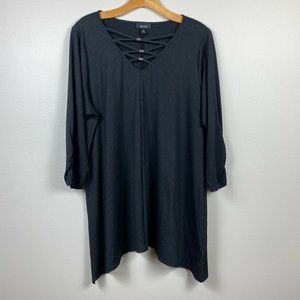 Alyx Tunic‎ Top 2X Black Lace Up V-Neck 3/4 Ruched Sleeve Uneven Hem